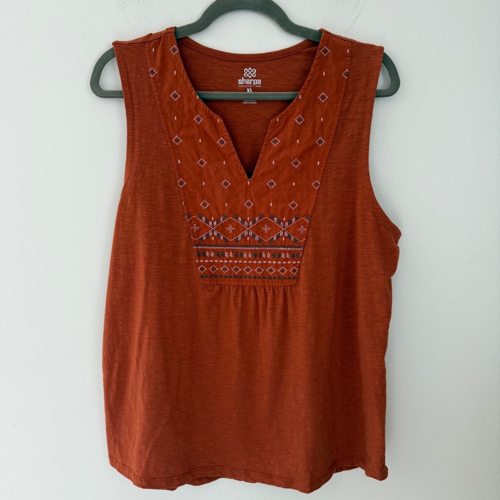 Sherpa‎ Adventure Gear Womens XL Burnt Orange Embroidered Slub Knit Tank Top